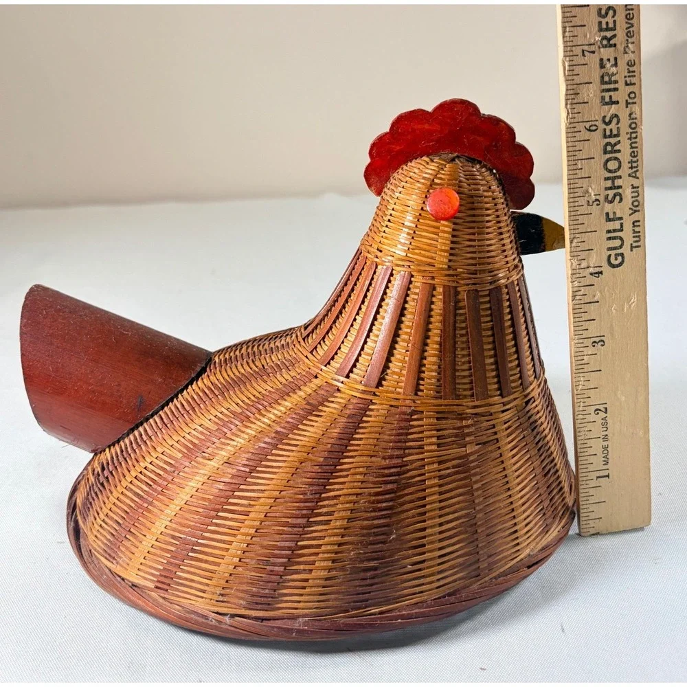 Vintage Woven Bamboo Hen on Nest Chicken Basket Farmhouse Decor Brown 2 Piece